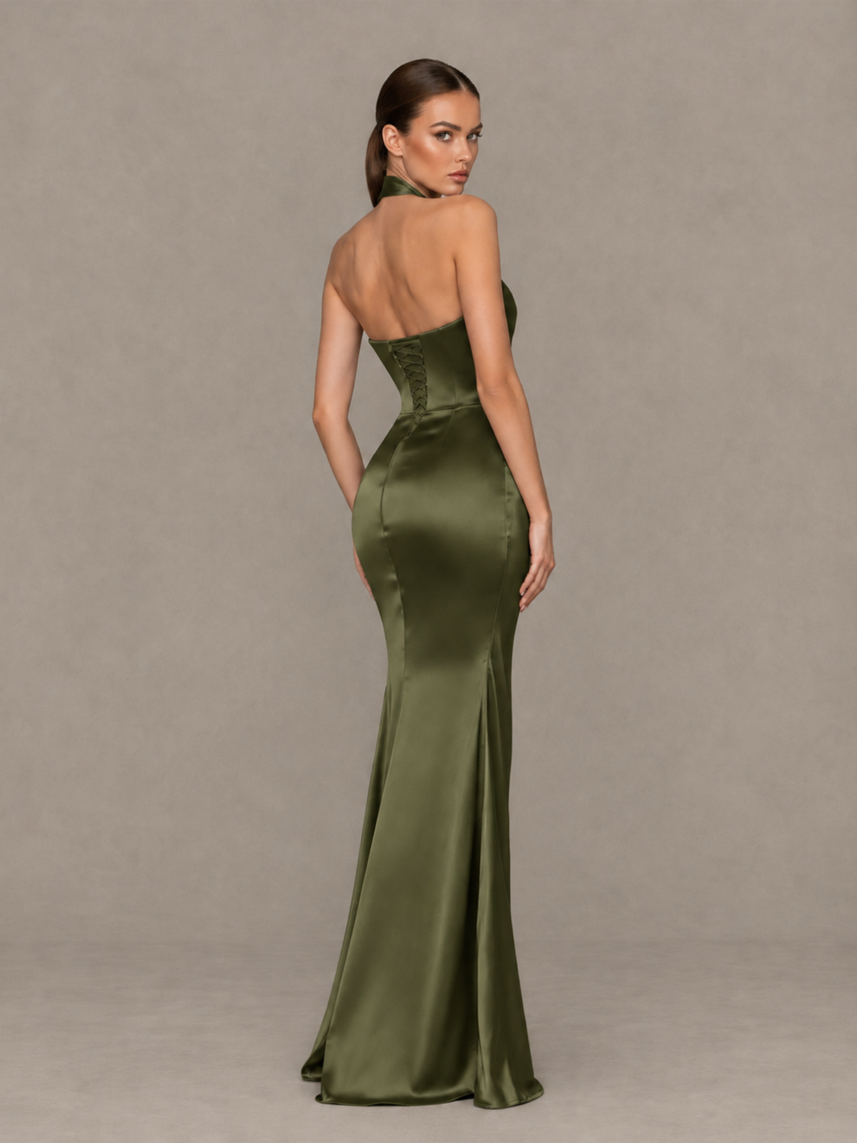 BOLODOO Olive Green Cross-Halter Ruched Satin-Look Evening Gown with High Slit - Olive Green - Olive Green_2