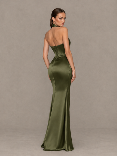 BOLODOO Olive Green Cross-Halter Ruched Satin-Look Evening Gown with High Slit - Olive Green - Olive Green_2