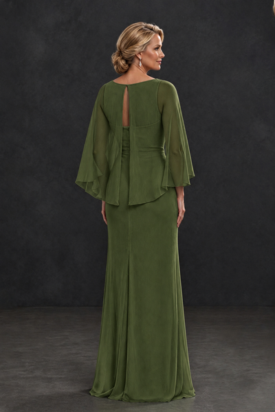 BOLODOO Olive Green Cape Sleeve Mother of the Bride Dress with Ruched Waist - Olive Green - Olive Green_2