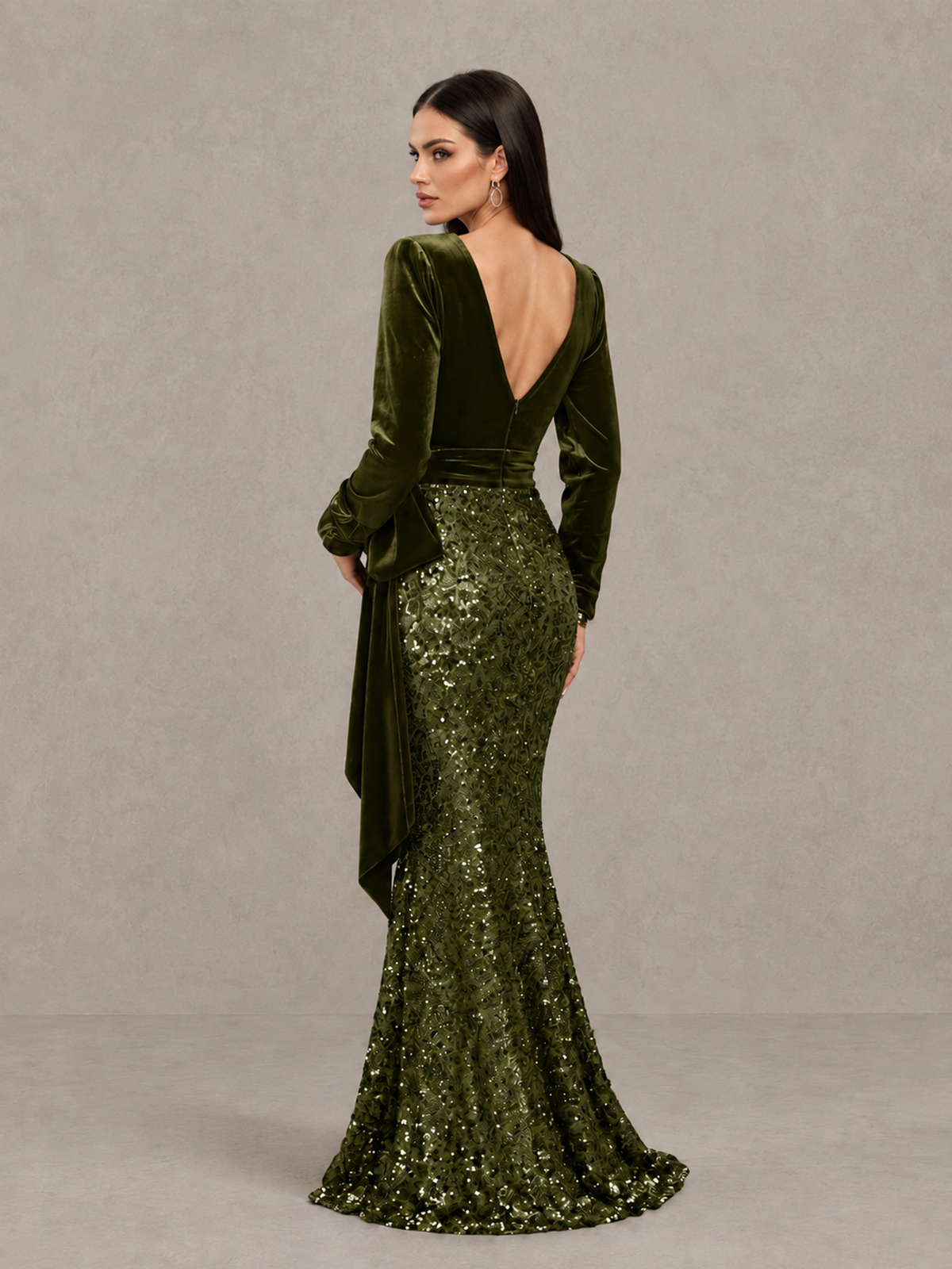 BOLODOO Olive Green Velvet & Sequin Long Sleeve V-Neck Mermaid Evening Gown - Olive Green - Olive Green_2