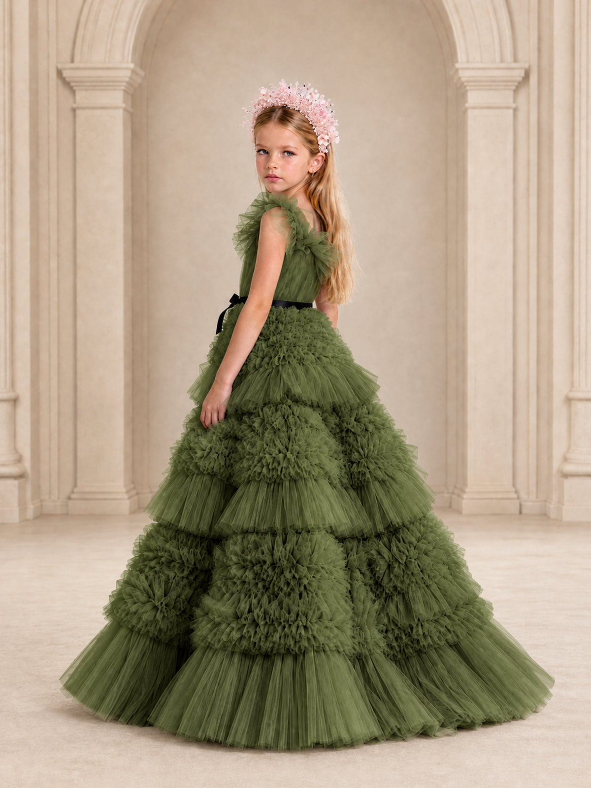 BOLODOO Olive Green Tiered Tulle Flower Girl Dress with Floral Appliques - Olive Green - Olive Green_2