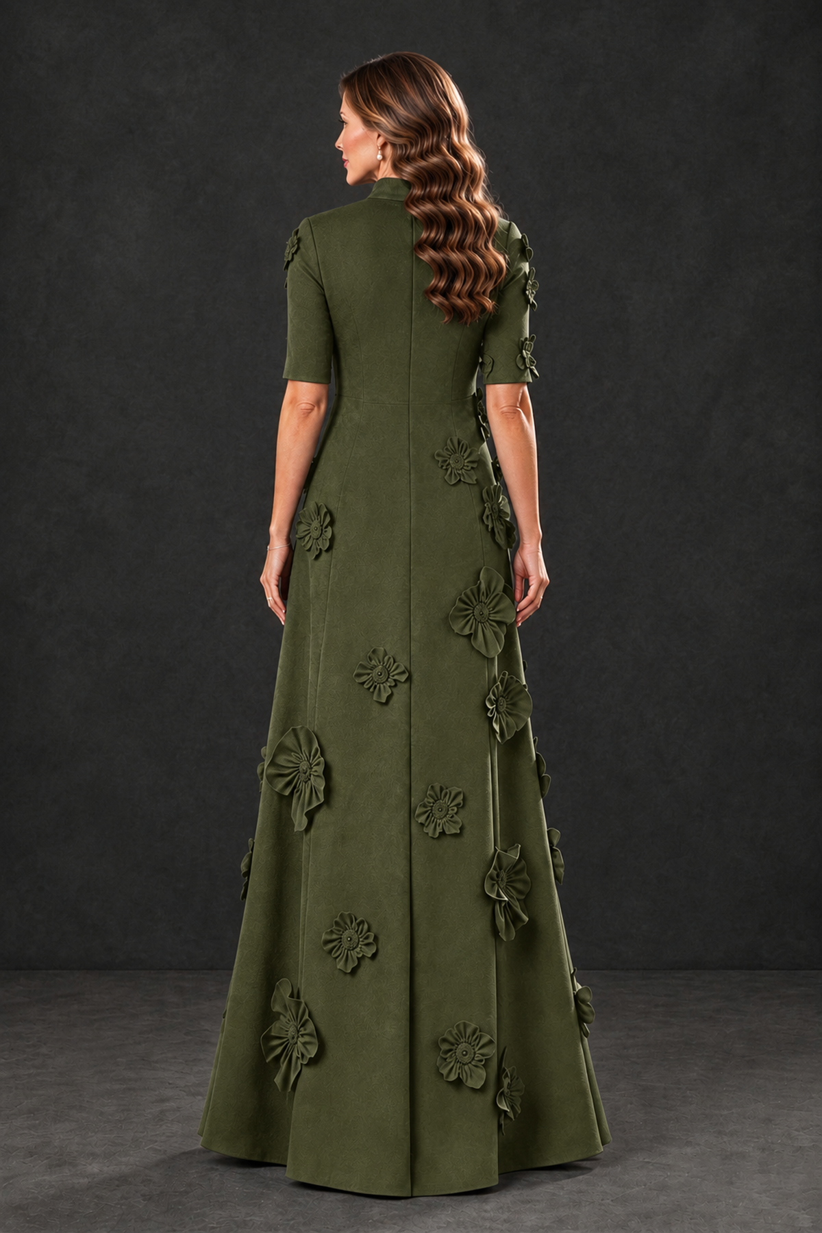 BOLODOO Olive Green Floral Applique High-Neck Half-Sleeve Gown - Olive Green - Olive Green_2