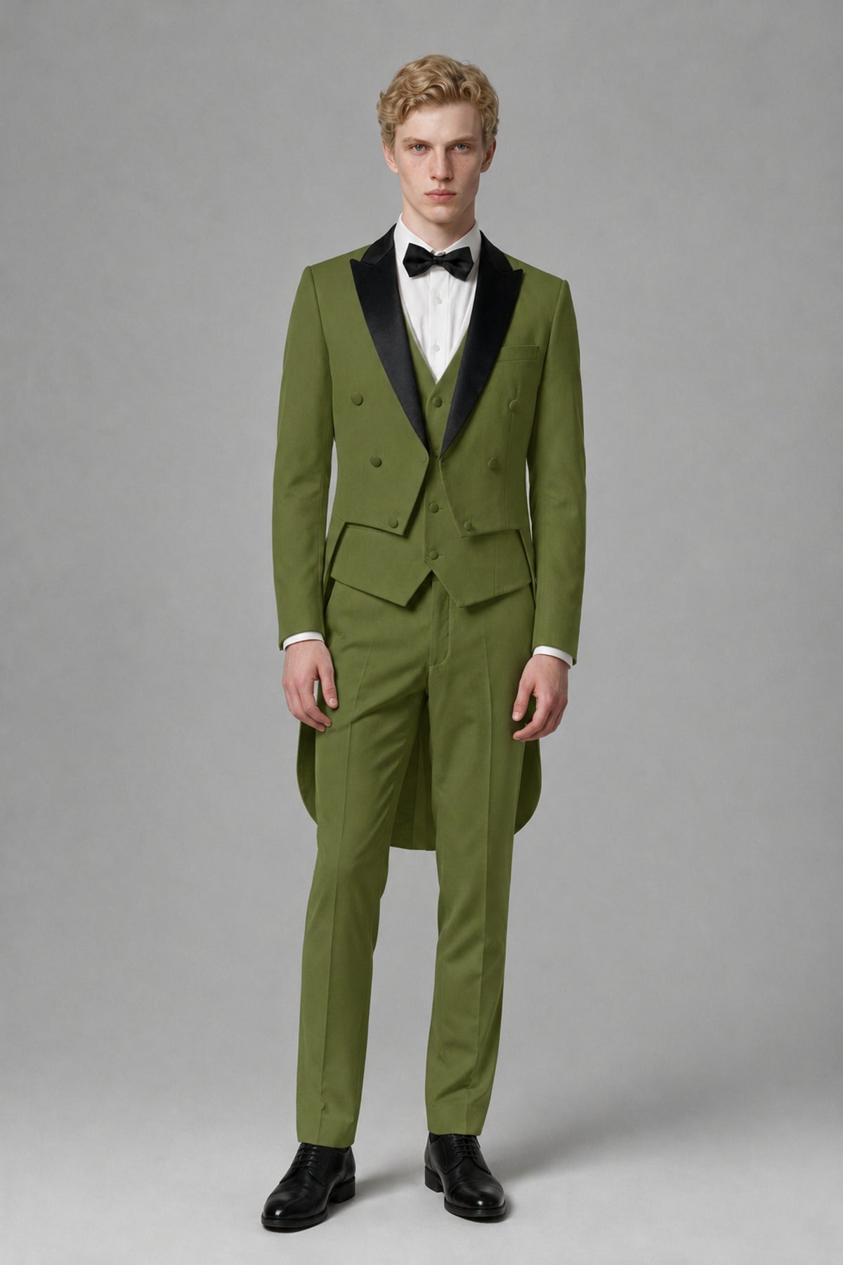 Bolodoo Men's Olive Green 3-Piece Tailcoat Tuxedo Suit with Vest & Trousers - Olive Green - Olive Green_2