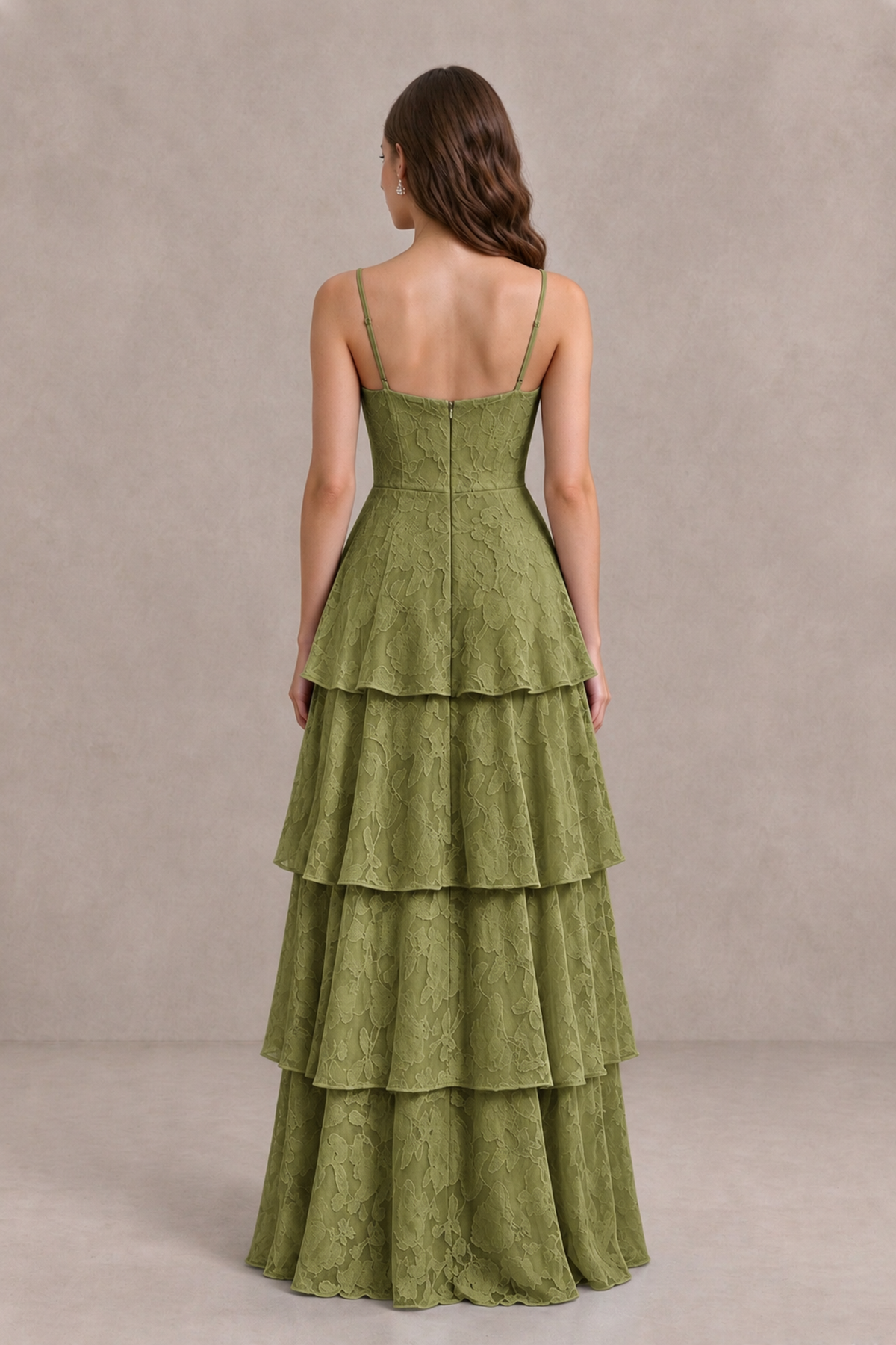 BOLODOO Olive Green Tiered Floral-Textured Spaghetti Strap Maxi Dress - Olive Green - Olive Green_2