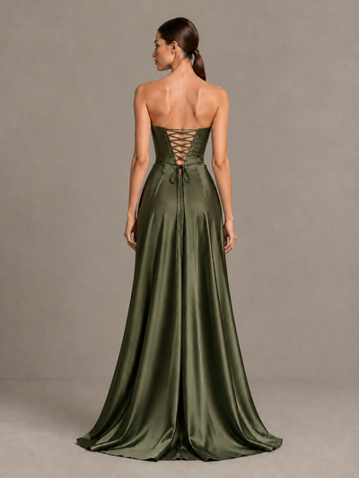 BOLODOO Olive Green Strapless Satin High-Slit Lace-Up Prom Dress - Olive Green - Olive Green_2