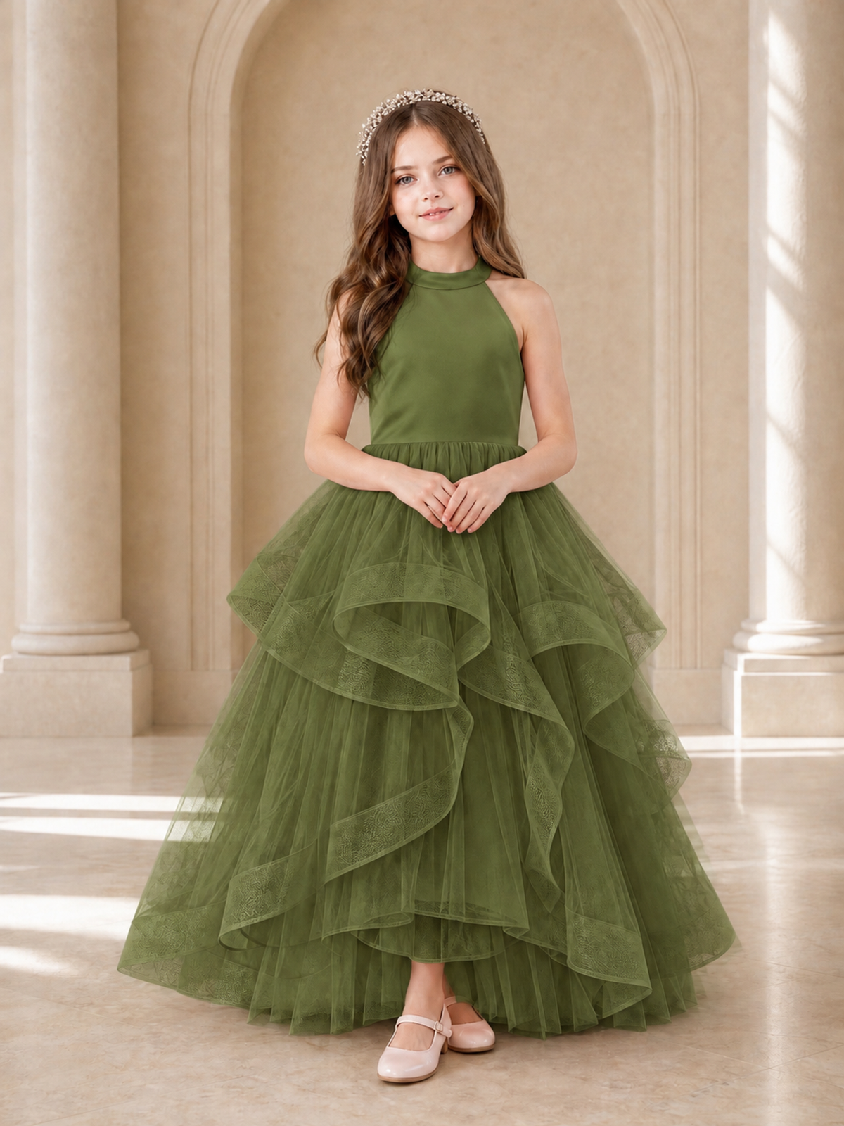 BOLODOO Olive Green Halter Tiered Tulle Flower Girl Dress with Bow Back - Olive Green - Olive Green_2