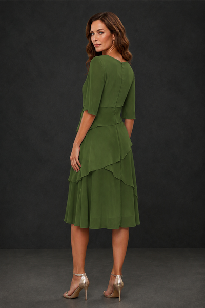 BOLODOO Olive Green Chiffon 3/4 Sleeve Asymmetric Tiered Tea Length Dress | Mother of the Bride Midi Dress - Olive Green