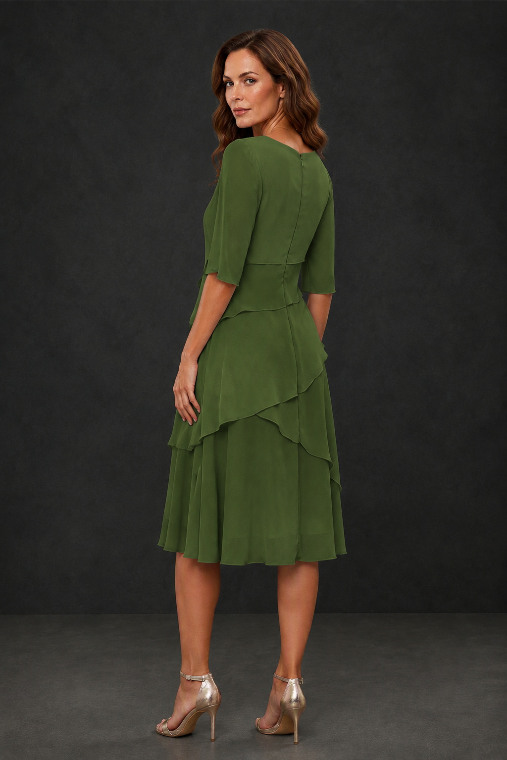 BOLODOO Olive Green Chiffon 3/4 Sleeve Asymmetric Tiered Tea Length Dress | Mother of the Bride Midi Dress - Olive Green