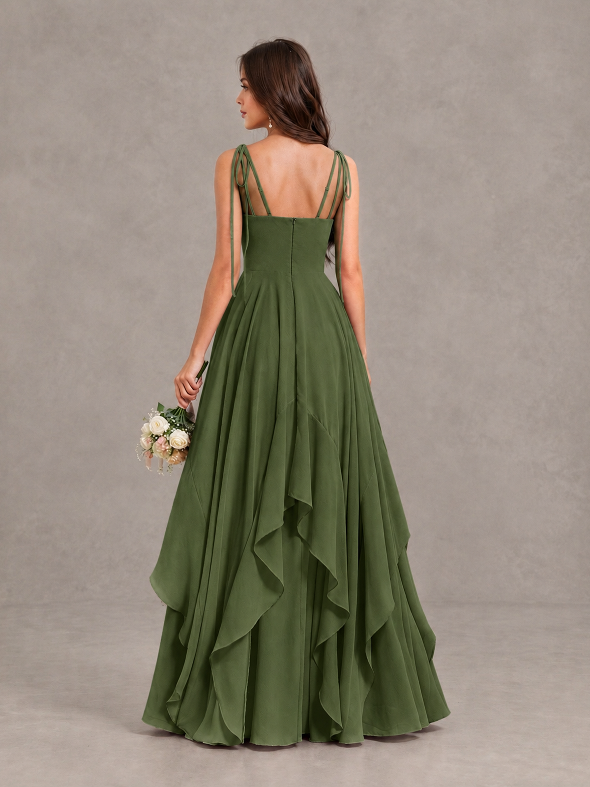 BOLODOO Olive Green Tie-Strap Ruffle A-Line Bridesmaid Dress - Olive Green - Olive Green_2