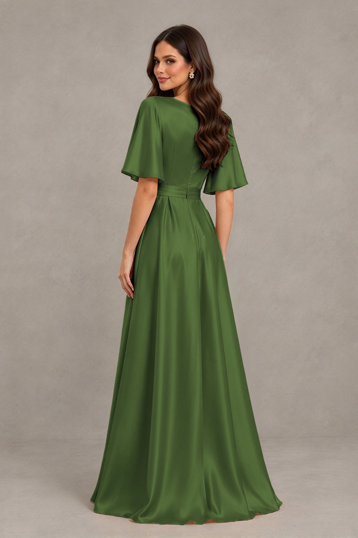 BOLODOO Olive Green Satin V-Neck Flutter Sleeve Bridesmaid Dress with Slit - Olive Green - Olive Green(2)