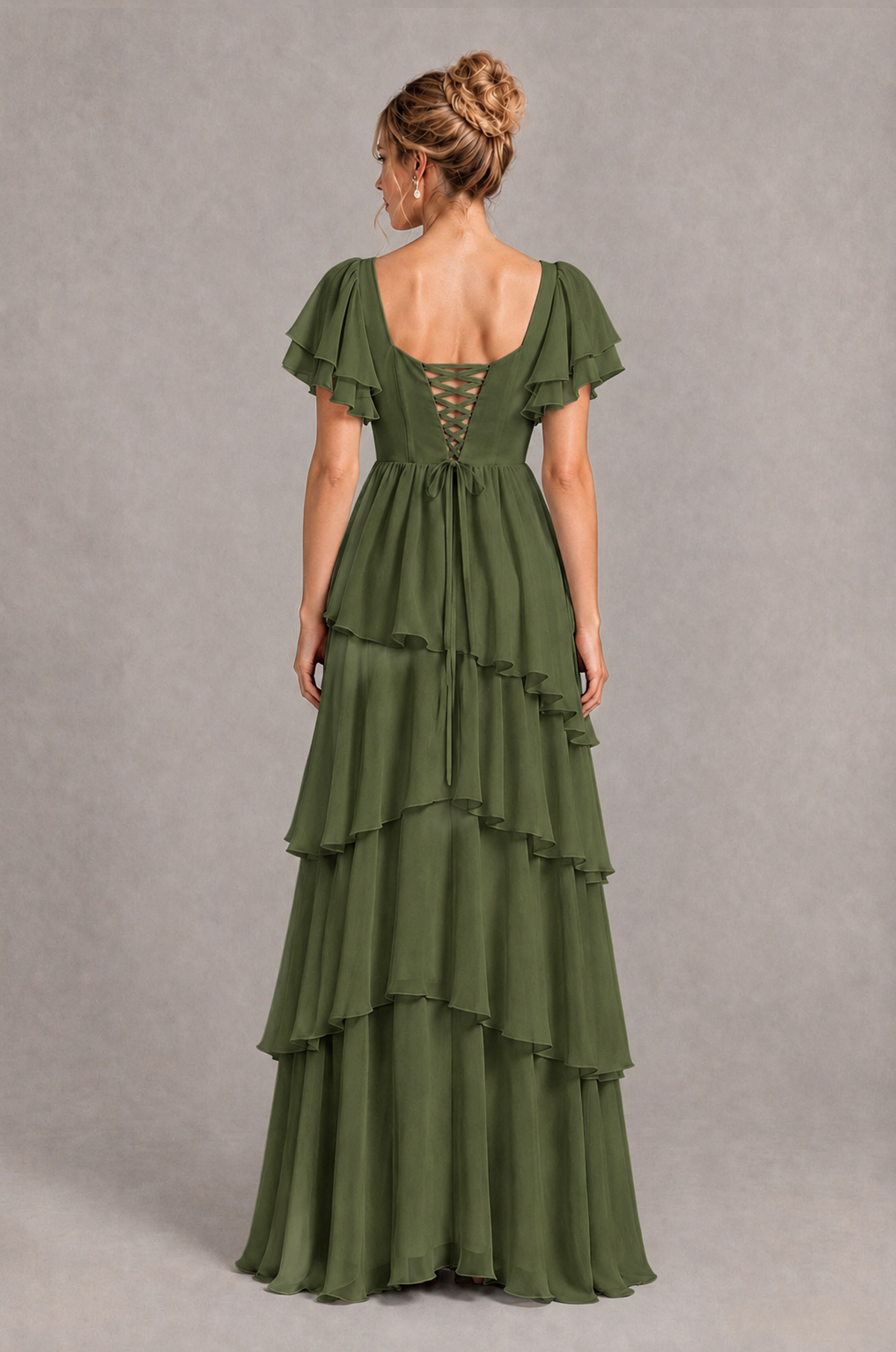 BOLODOO Olive Green Square Neck Flutter Sleeve Tiered Chiffon Bridesmaid Dress with Lace-Up Back - Olive Green - Olive Green_2