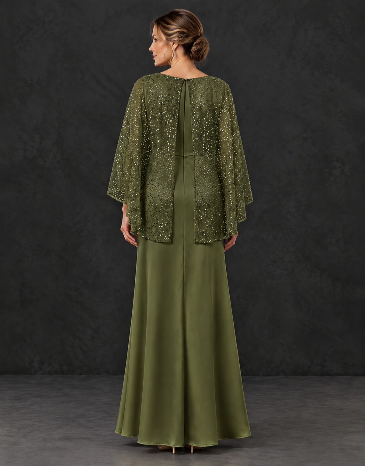 BOLODOO Olive Green Sparkle Cape Sleeve Mother of the Bride Dress - Olive Green - Olive_Green_2
