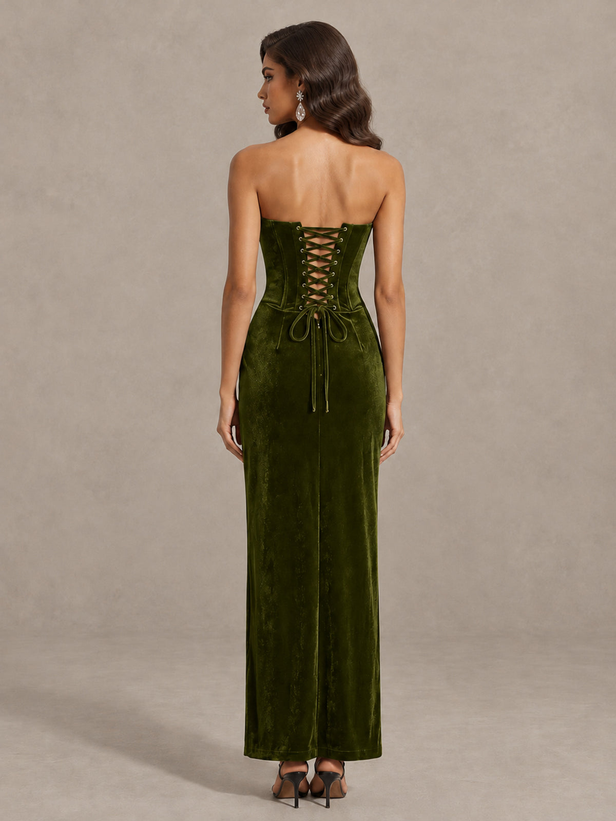 BOLODOO Olive Green Strapless Velvet Cocktail Maxi Dress - Olive Green - Olive Green_2