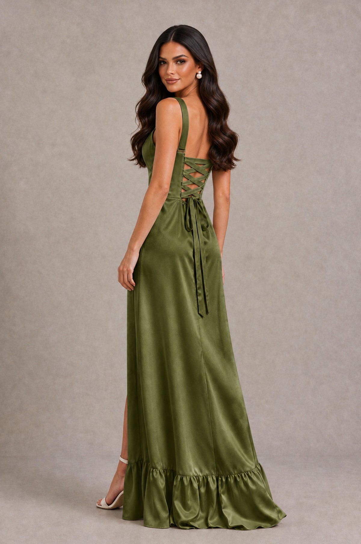 BOLODOO Olive Green Square Neck Satin Evening Dress with Lace-Up Back and High Slit - Olive Green - Olive Green_2