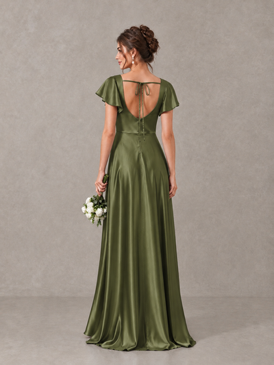 BOLODOO Olive Green Satin Square Neck Flutter Sleeve A-Line Bridesmaid Dress with Slit - Olive Green - Olive Green_2