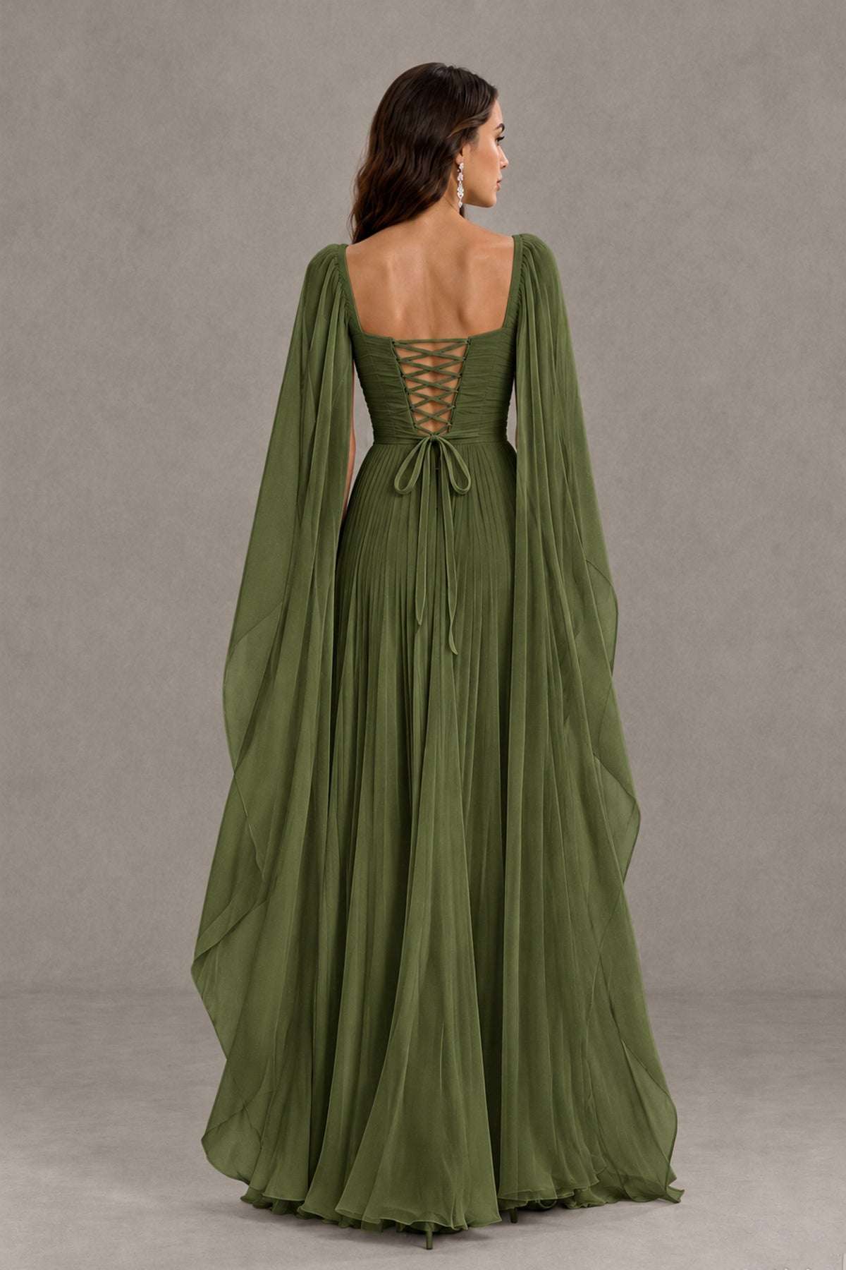 BOLODOO Olive Green Square Neck Cape Sleeve A-Line Evening Dress - Olive Green - Olive_Green_2