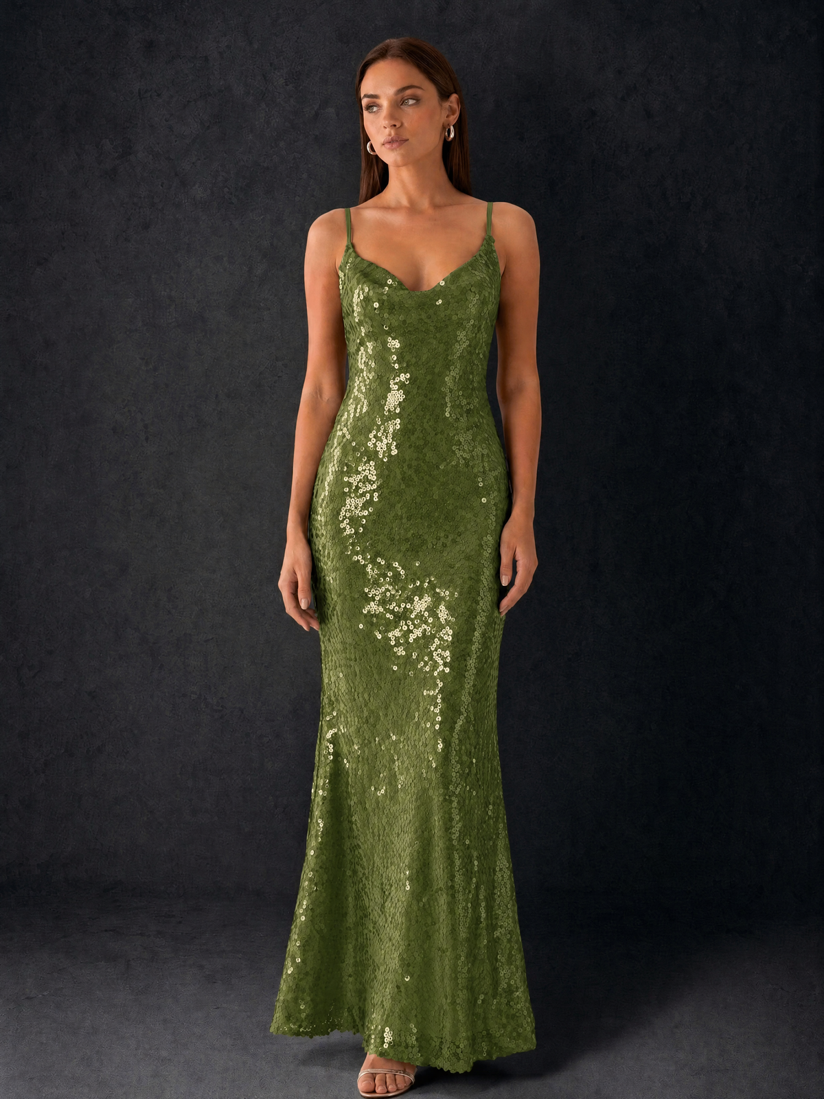 BOLODOO Bronze Sequin Cowl Neck Spaghetti Strap Mermaid Maxi Dress with Open Criss-Cross Back - Olive Green - Olive Green