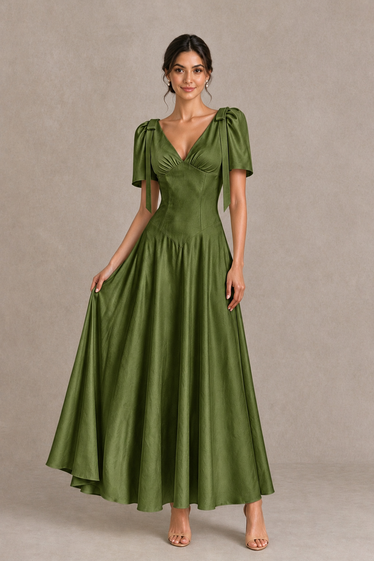 BOLODOO Olive Green V-Neck Short Sleeve Satin-Look Bridesmaid Dress with Shoulder Bows - Olive Green - Olive Green_3