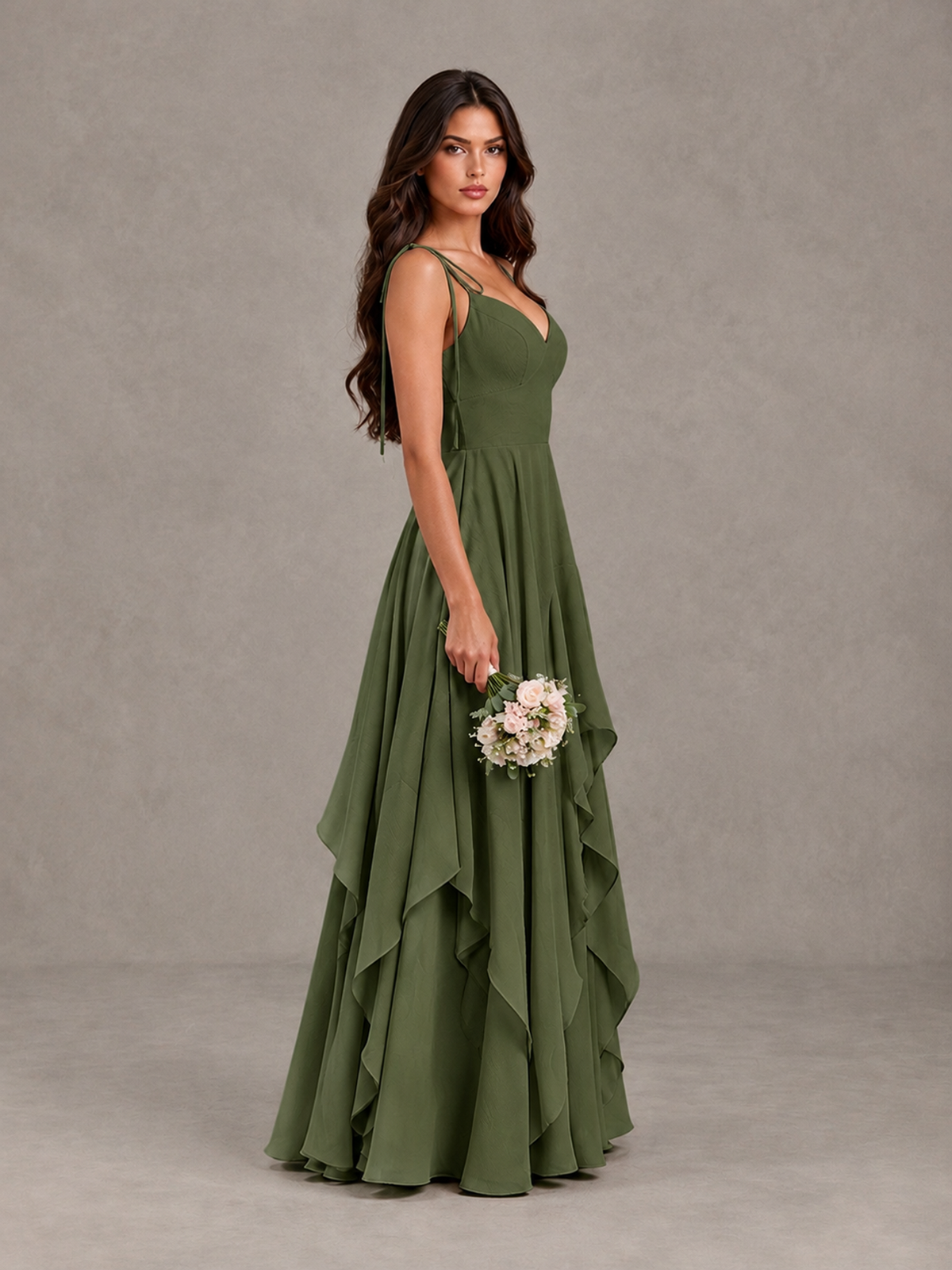BOLODOO Olive Green Tie-Strap Ruffle A-Line Bridesmaid Dress - Olive Green - Olive Green_3