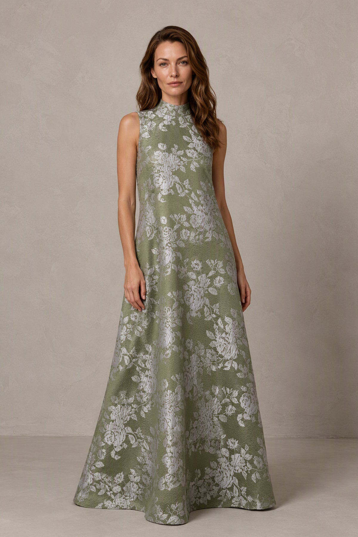 BOLODOO Olive Green Jacquard High Neck Sleeveless A-Line Maxi Dress – Wedding Guest & Formal Evening Gown - Olive Green