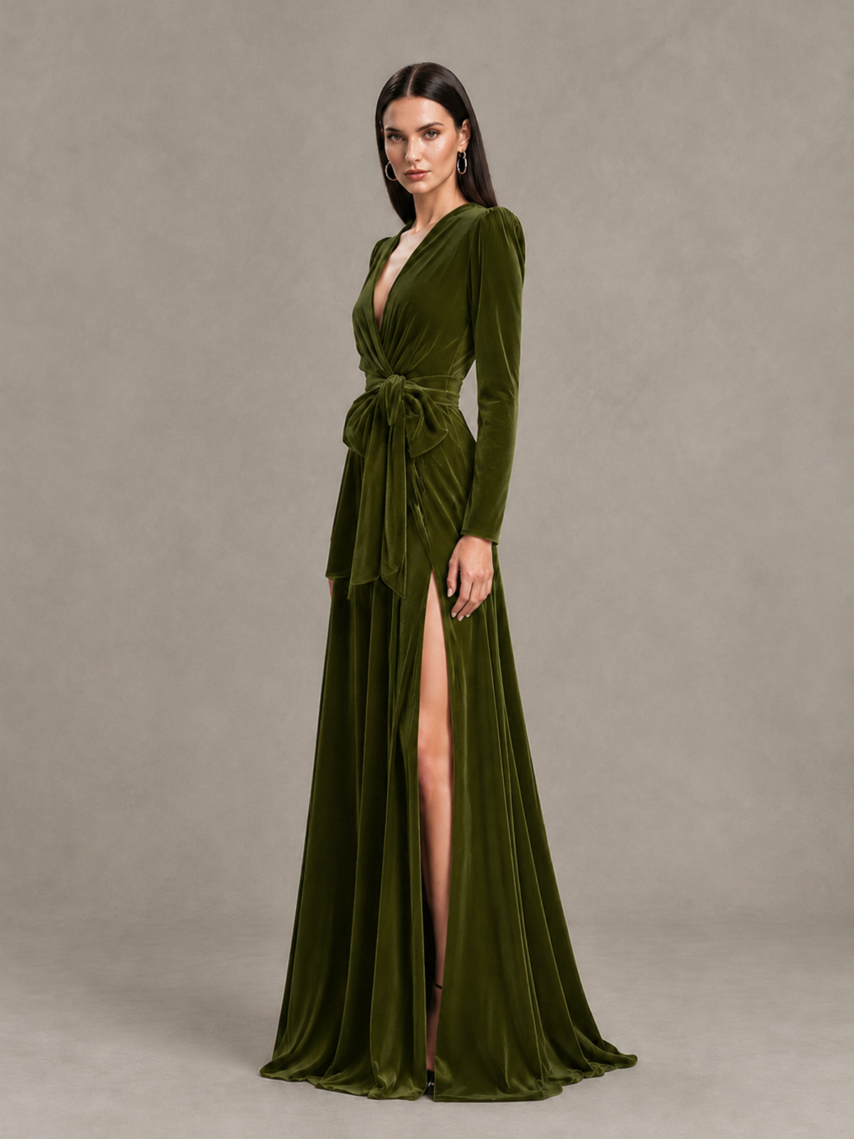 BOLODOO Olive Green Long Sleeve Velvet-Look Evening Dress with High Slit - Olive Green - Olive Green_3