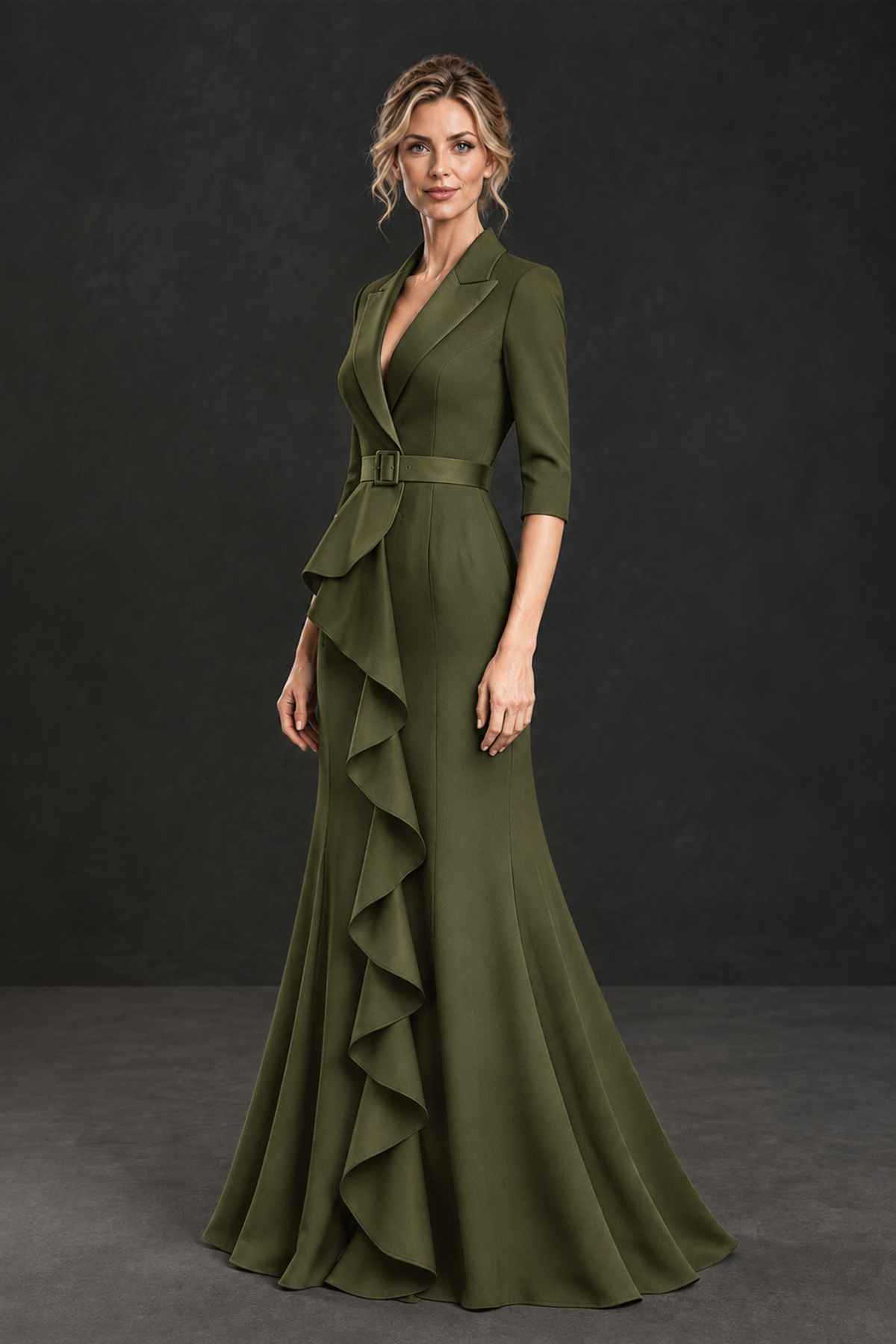 BOLODOO Olive Green Lapel Ruffle Mother of the Bride Dress with Belt - Olive Green - Olive Green_3