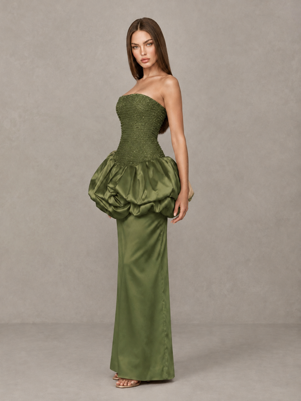 BOLODOO Olive Green Strapless Embellished Bubble Peplum Evening Dress - Olive Green - Olive Green_3