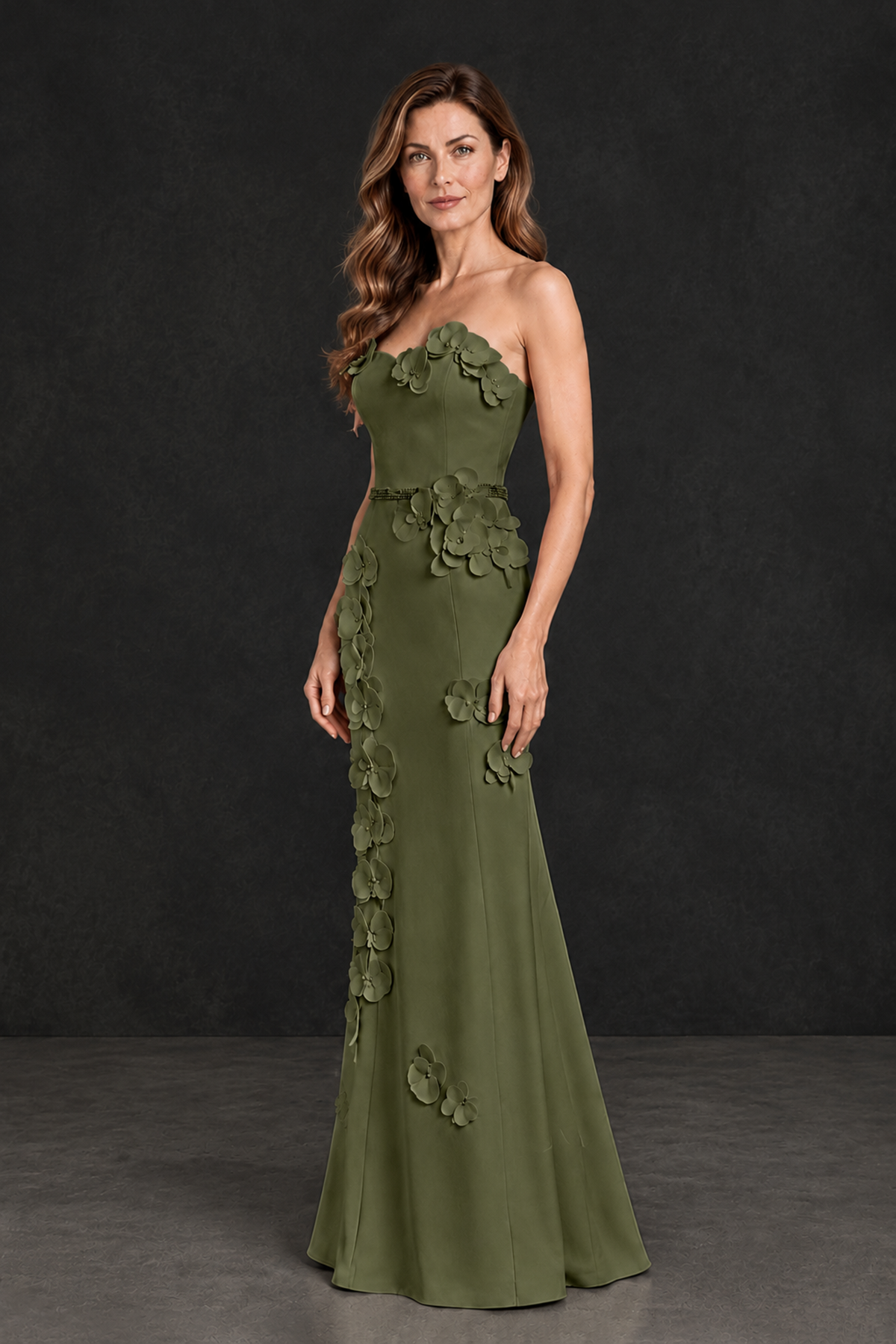 BOLODOO Olive Green Strapless Mother of the Bride Dress with 3D Floral Appliques - Olive Green - Olive_Green_3