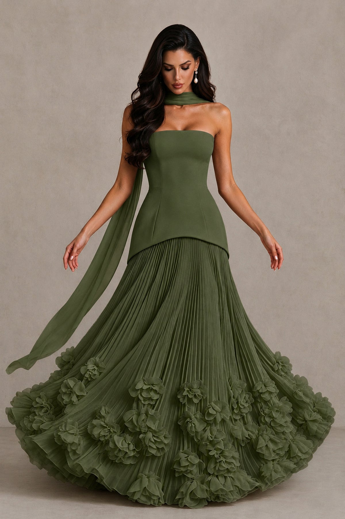 BOLODOO Olive Green Strapless Pleated Floral Hem Evening Gown - Olive Green - Olive Green_3