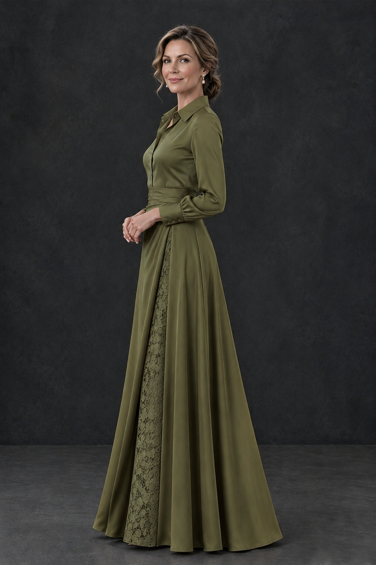 BOLODOO Olive Green Long Sleeve Satin-Look Lace Panel Gown - Olive Green - Olive Green_3