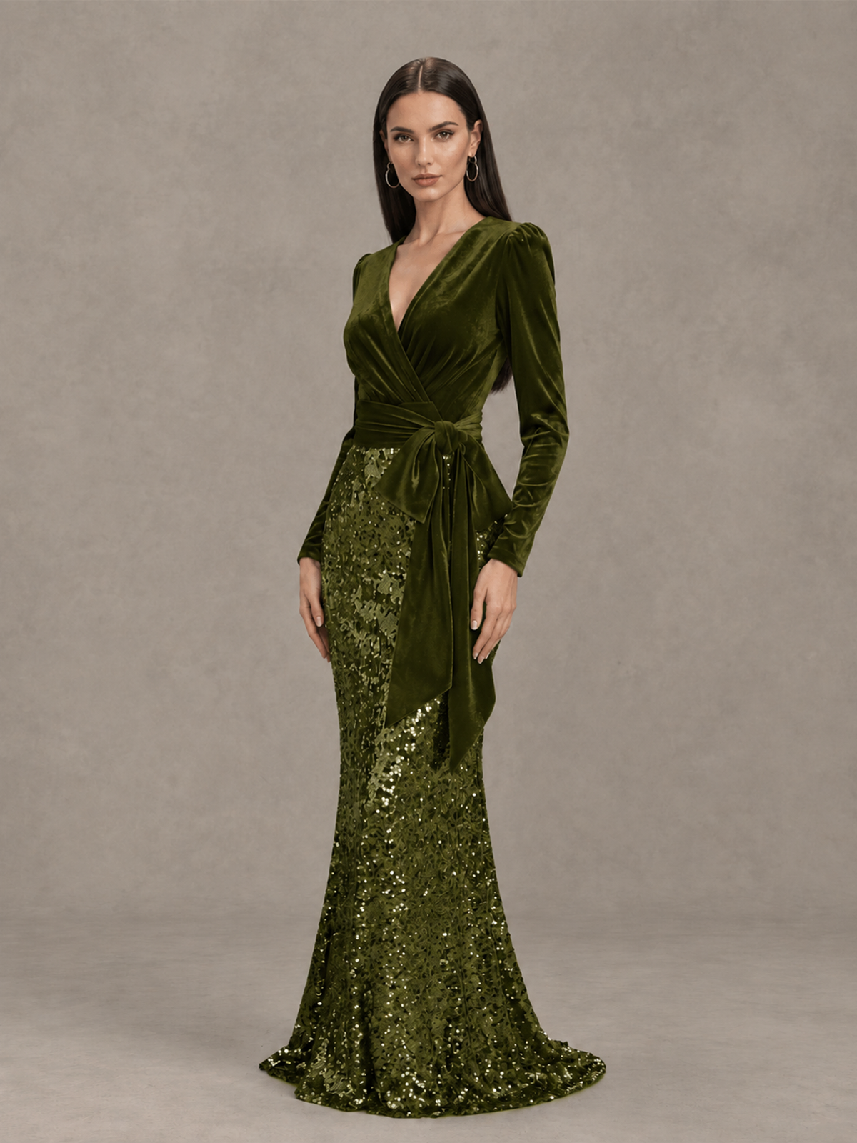 BOLODOO Olive Green Velvet & Sequin Long Sleeve V-Neck Mermaid Evening Gown - Olive Green - Olive Green_3