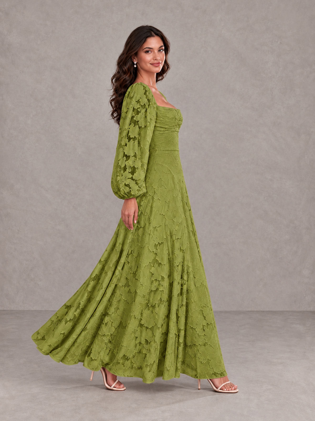 BOLODOO Olive Green Floral Long Sleeve A-Line Bridesmaid Dress - Olive Green - Olive Green_3