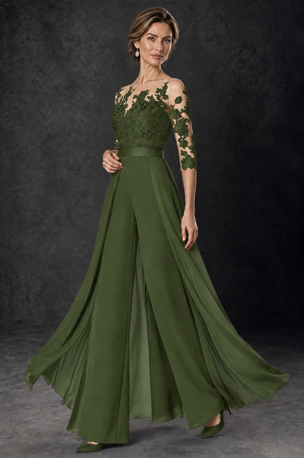 BOLODOO Olive Green Lace Wide-Leg Jumpsuit with Three-Quarter Sleeves - Olive Green - Olive_Green_3