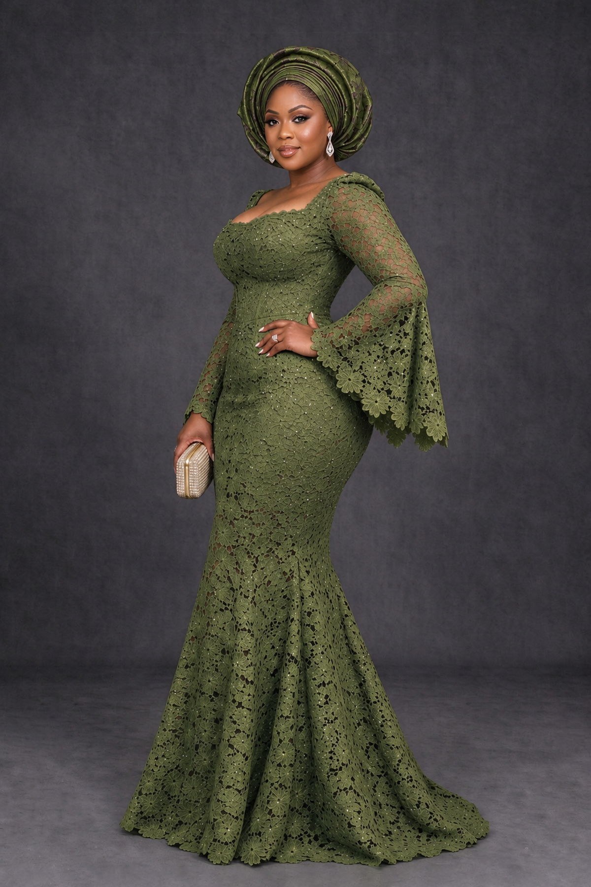 BOLODOO Olive Green African Lace Mermaid Dress, Plus Size Nigerian Wedding Guest Gown with Bell Sleeves - Olive Green - Olive Green_3