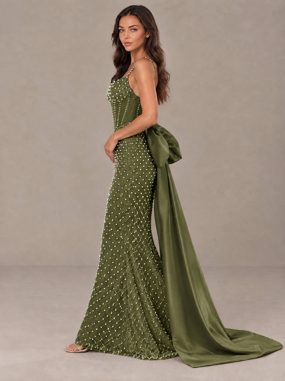 BOLODOO Olive Green Beaded Corset Prom Dress with Bow Train - Olive Green - Olive_Green_3