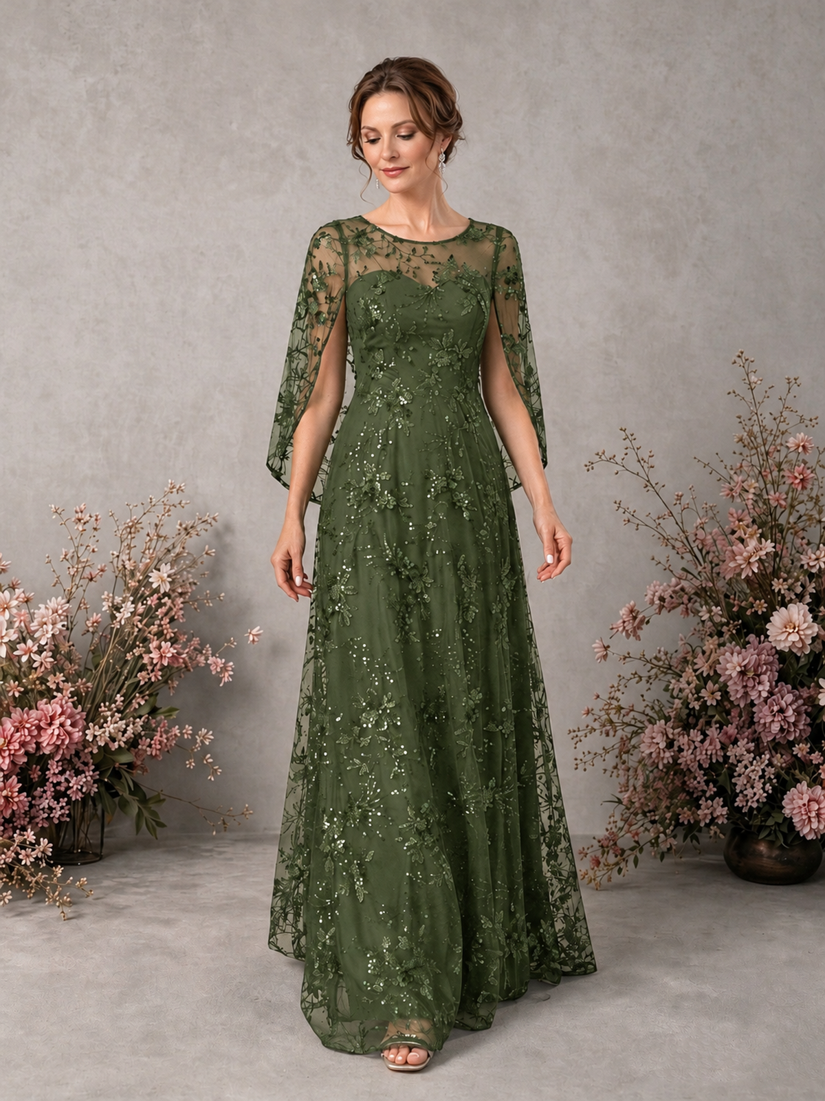 BOLODOO Olive Green Sequin Lace Cape Sleeve Formal Evening Gown - Olive Green - Olive Green_3