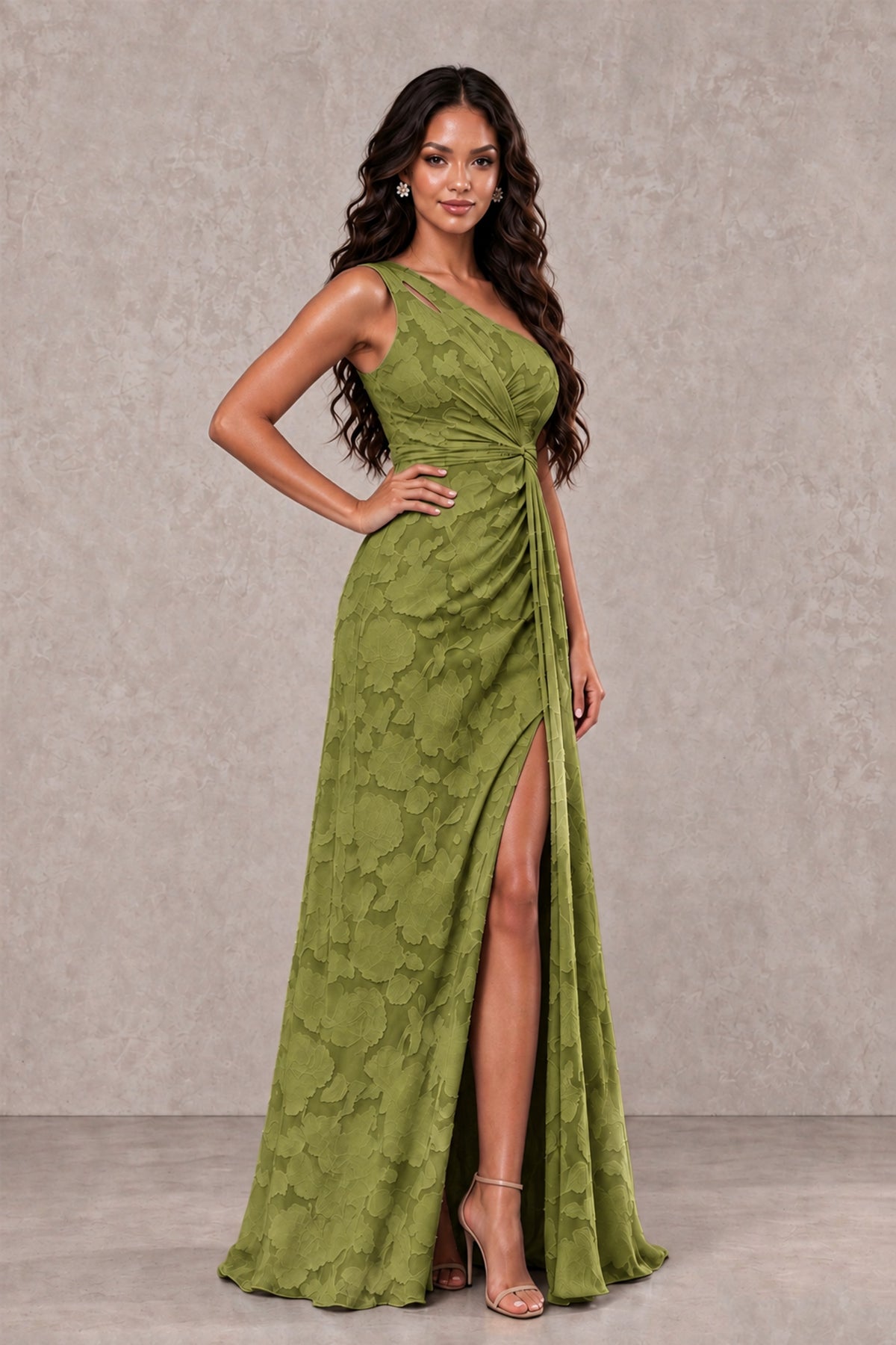 BOLODOO Olive Green One-Shoulder Floral Textured Maxi Dress with High Slit - Olive Green - Olive Green_3