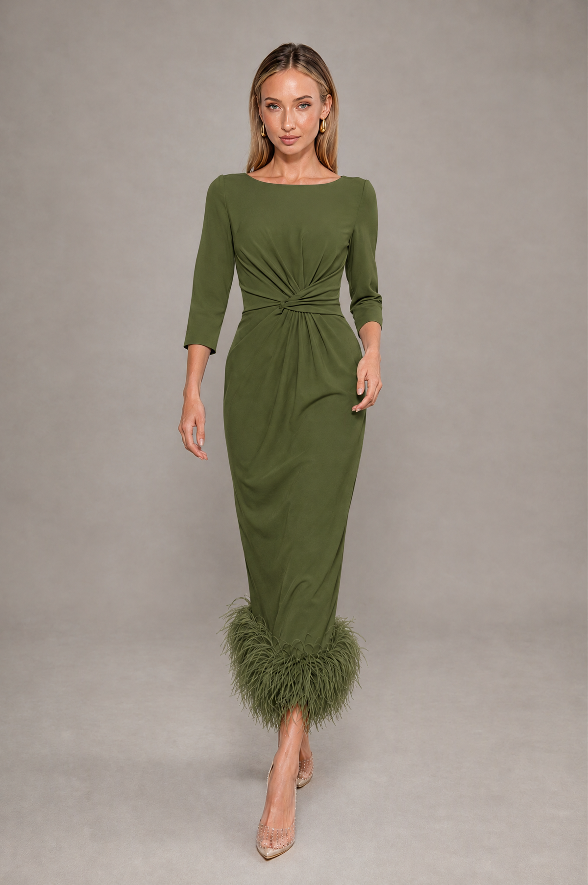 BOLODOO Olive Green Feather-Trim Twist-Waist Midi Dress - Olive Green - Olive_Green_3
