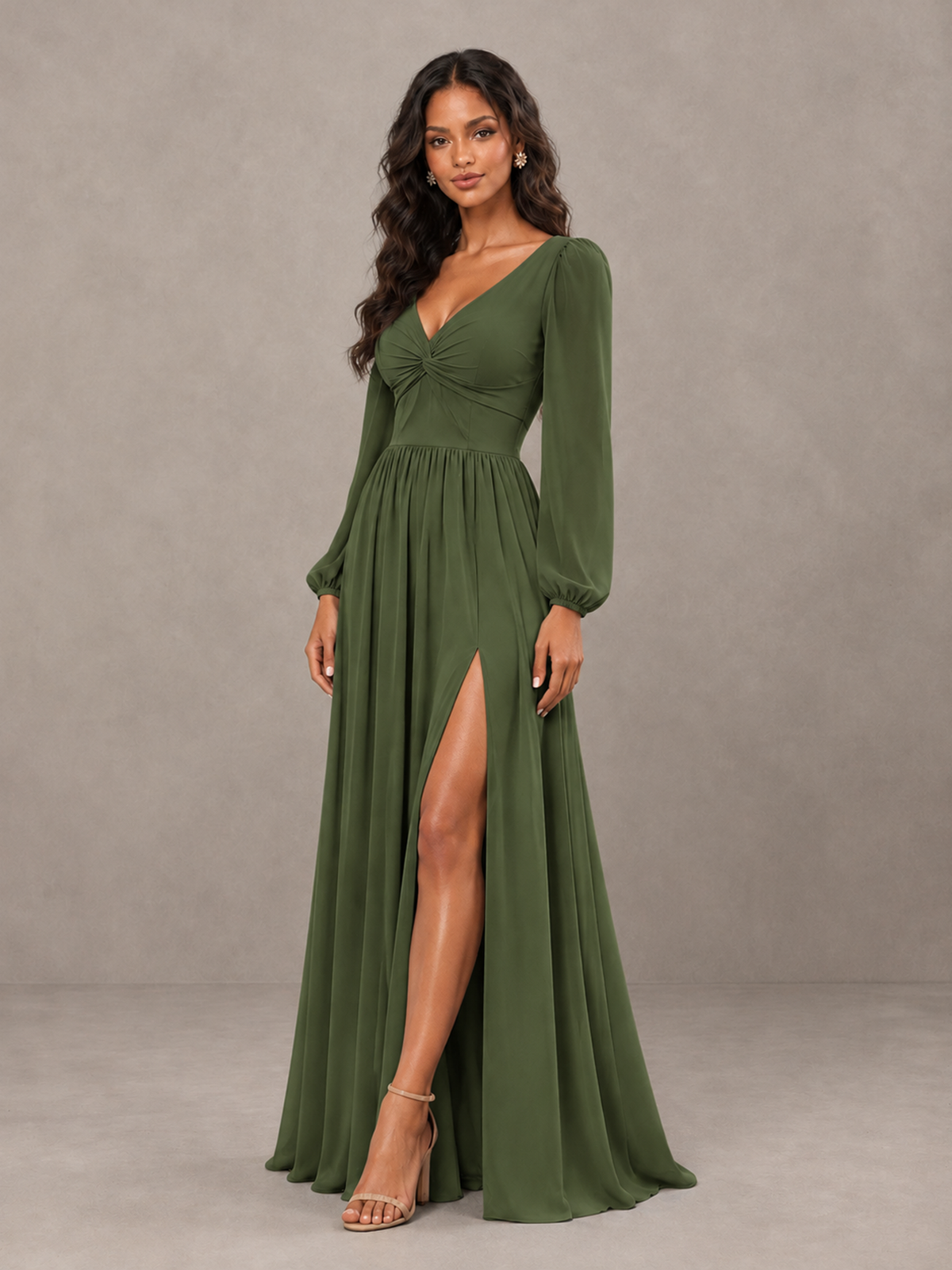 BOLODOO Olive Green V-Neck Long Sleeve Bridesmaid Dress with Tie Back and Slit - Olive Green - Olive Green_3