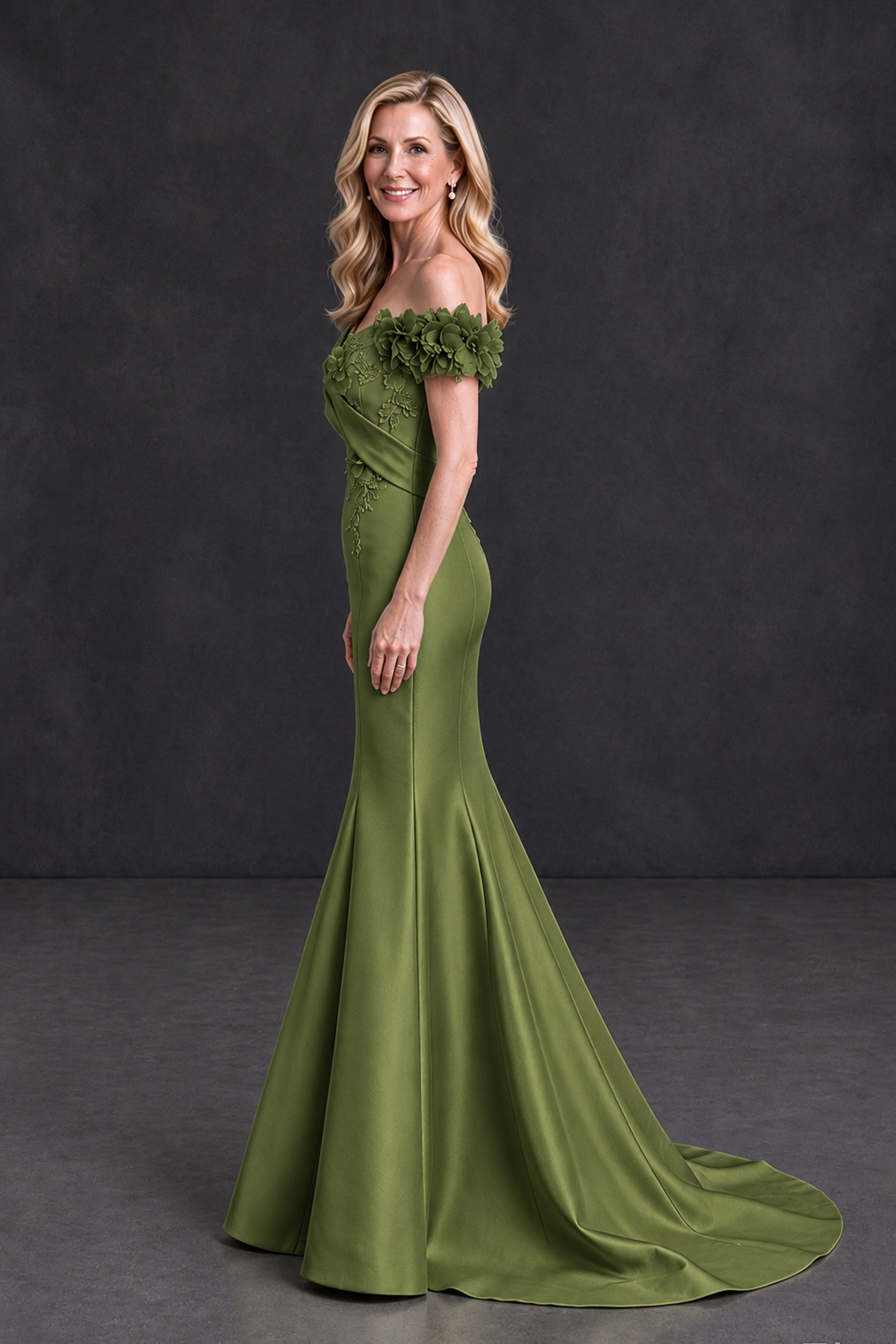 BOLODOO Olive Green Off-Shoulder Floral Mermaid Mother of the Bride Dress - Olive Green - Olive Green_3
