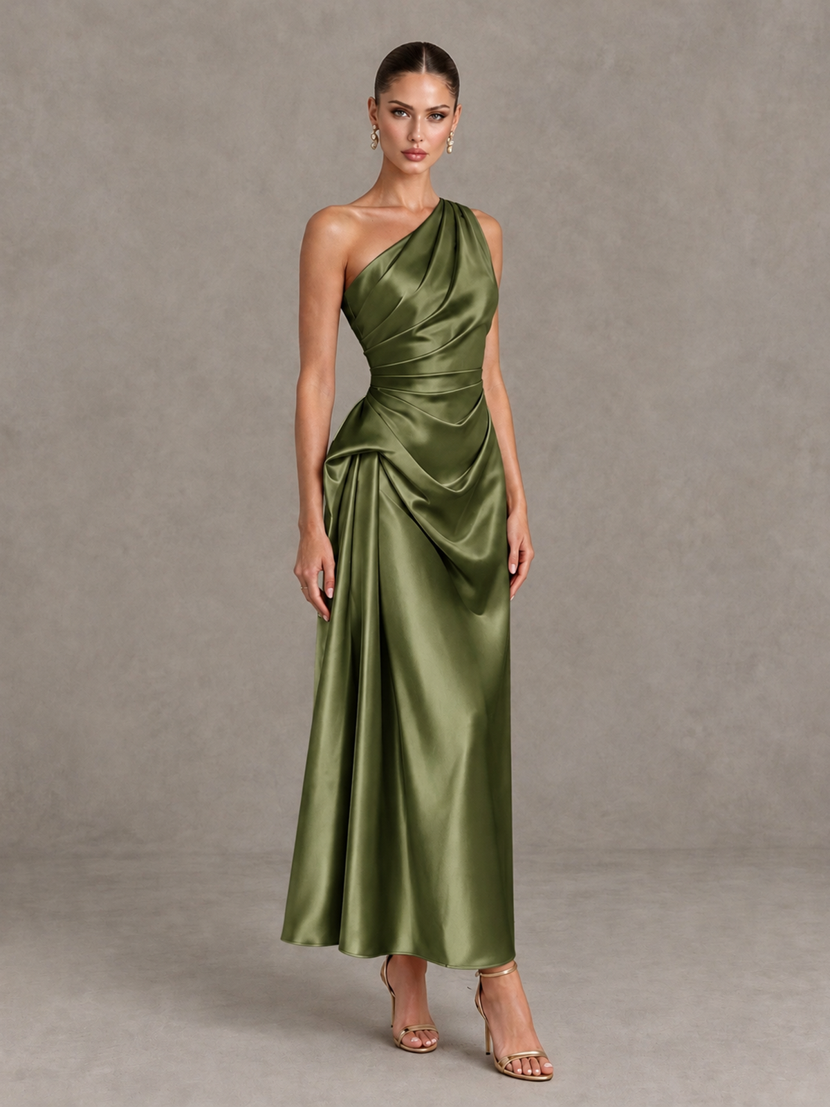 BOLODOO Olive Green One Shoulder Satin Cocktail Dress with Draped A-Line Skirt - Olive Green - Olive Green_3