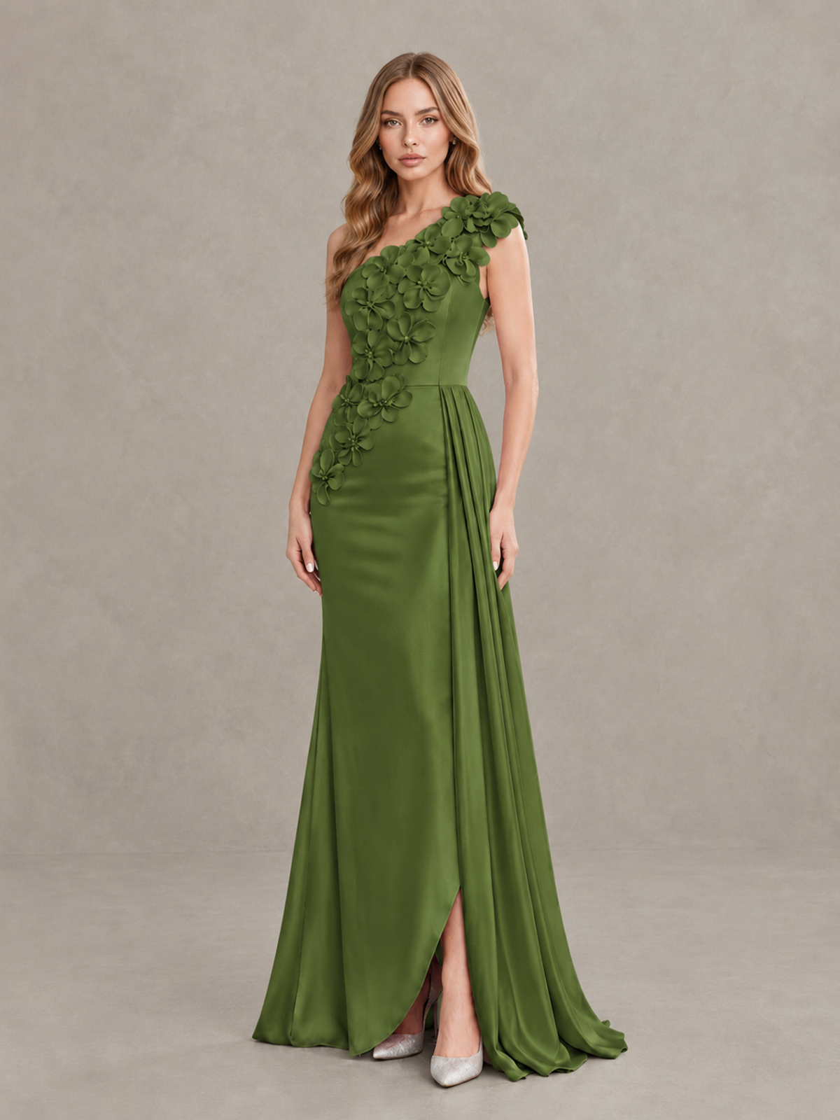 BOLODOO Olive Green One-Shoulder Satin Mermaid Evening Gown with 3D Floral Appliqué - Olive Green - Olive Green_3