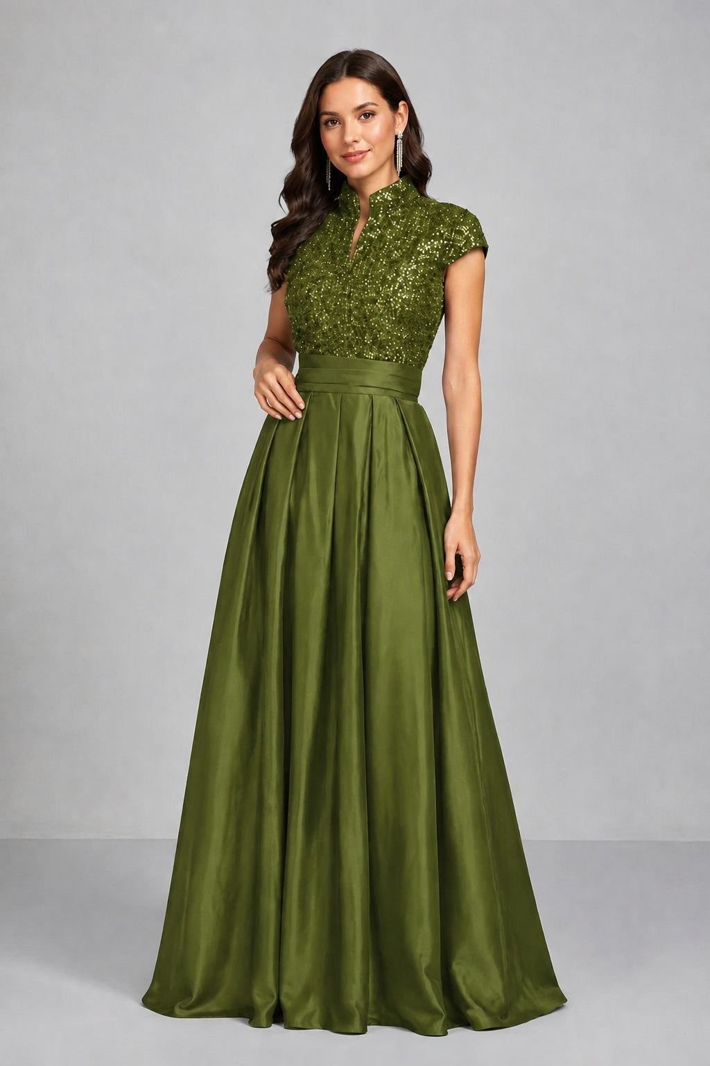 BOLODOO Olive Green Sequin Embroidered High Neck Cap Sleeve A-Line Ball Gown – Formal Evening Dress - Olive Green