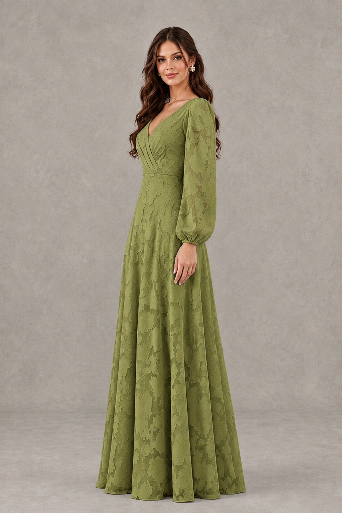 BOLODOO Olive Green Long Sleeve V-Neck A-Line Mother of the Bride Dress - Olive Green - Olive Green_3
