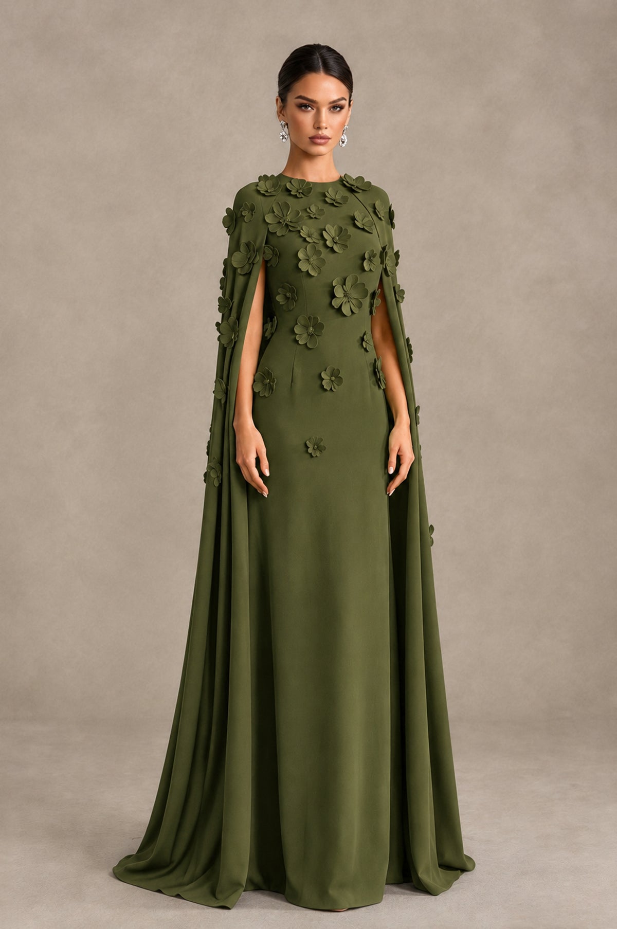 BOLODOO Olive Green 3D Floral Applique Cape Formal Dress - Olive Green - Olive Green_3