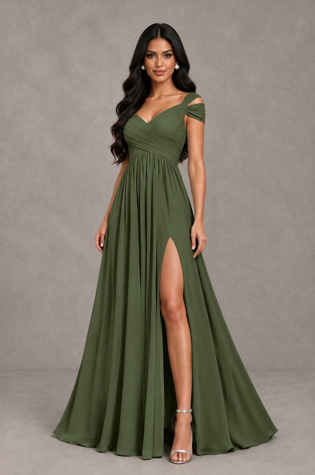 BOLODOO Olive Green Cold Shoulder Chiffon Evening Dress with V Neck and High Slit - Olive Green - Olive Green_3