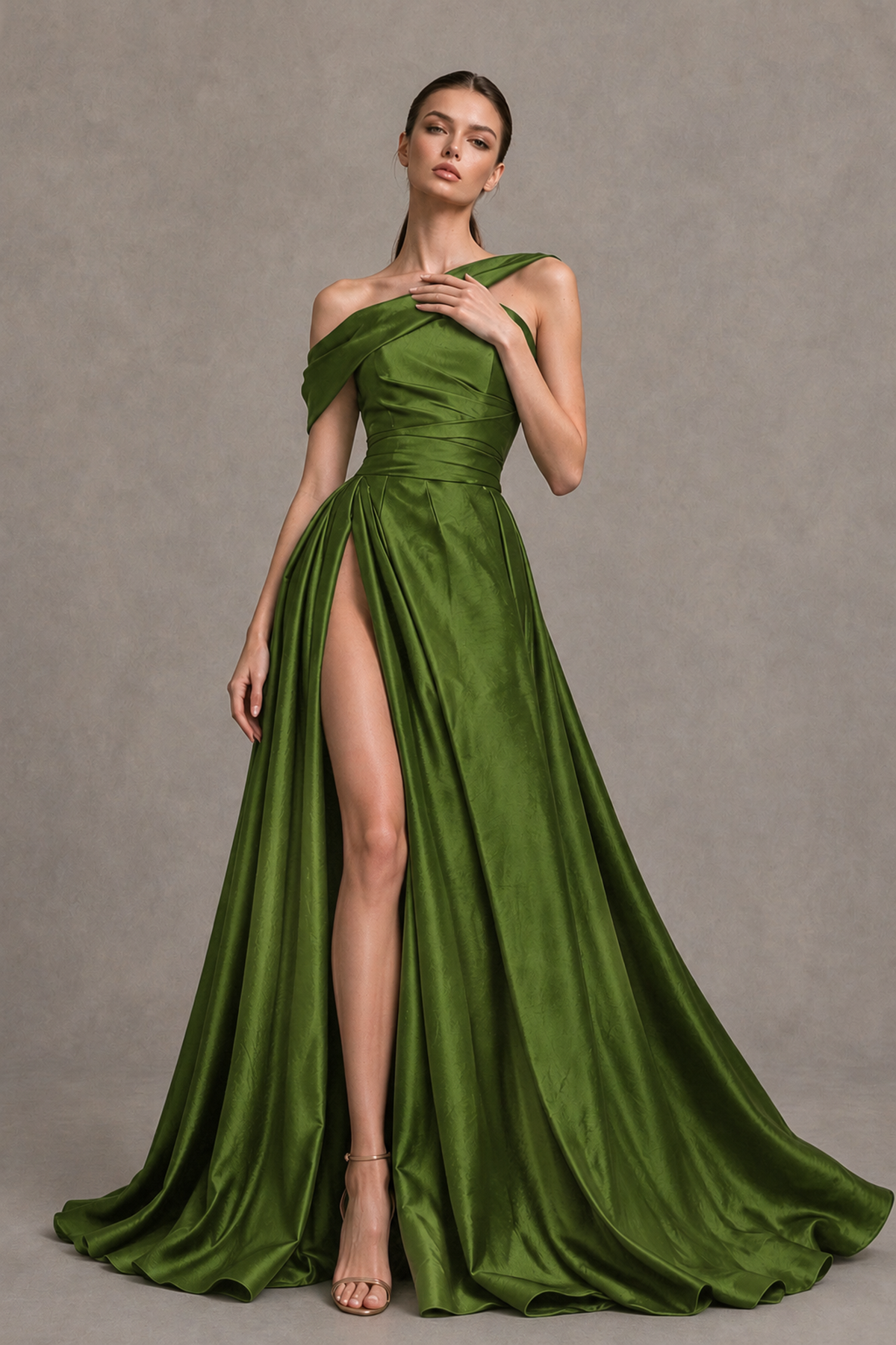BOLODOO Olive Green Asymmetric Satin-Look A-Line Prom Dress with High Slit - Olive Green - Olive Green_3