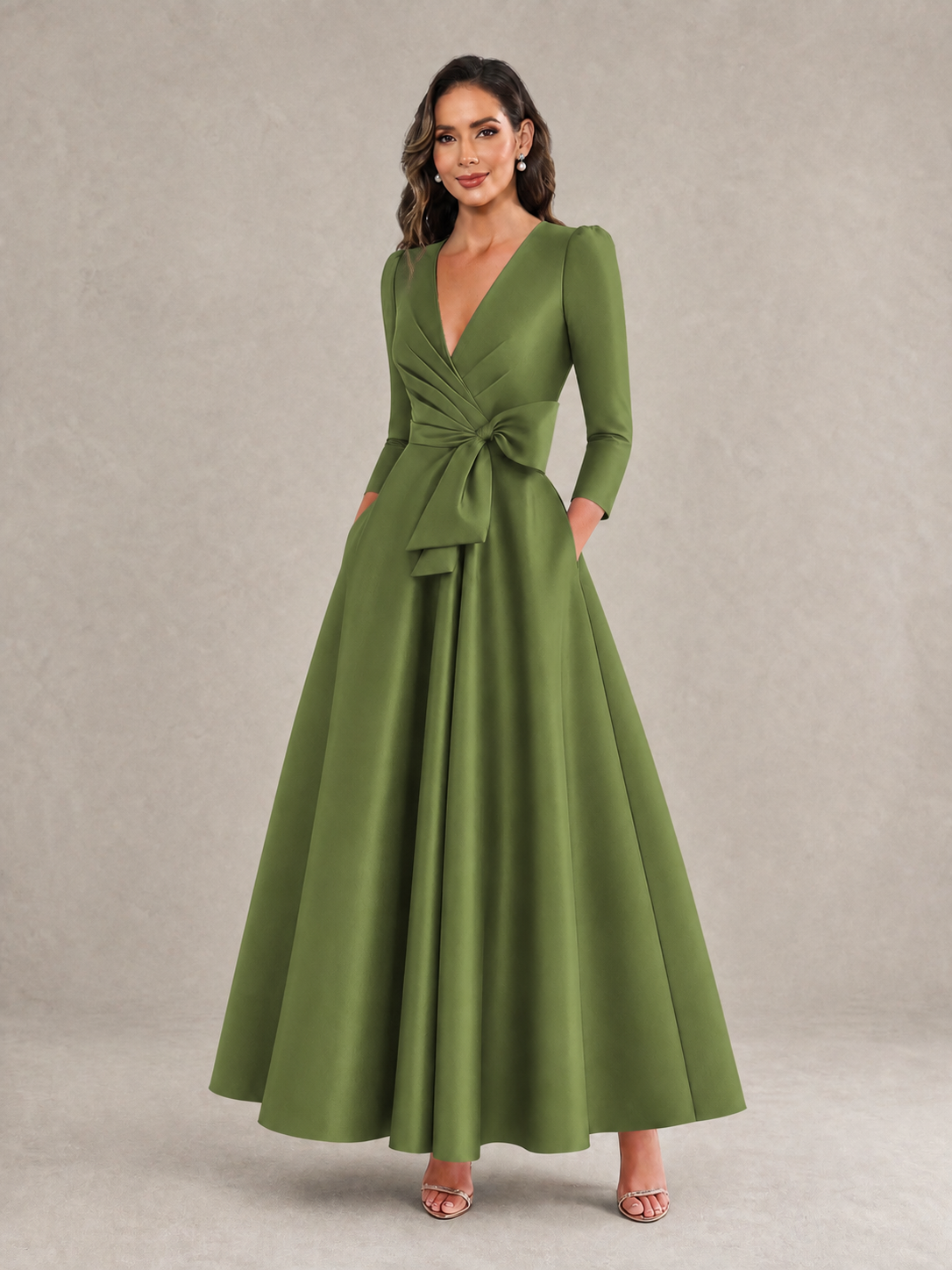 BOLODOO Olive Green Satin Deep V-Neck Wrap 3/4 Puff Sleeve A-Line Ball Gown Maxi Dress with Oversized Bow Belt - Olive Green