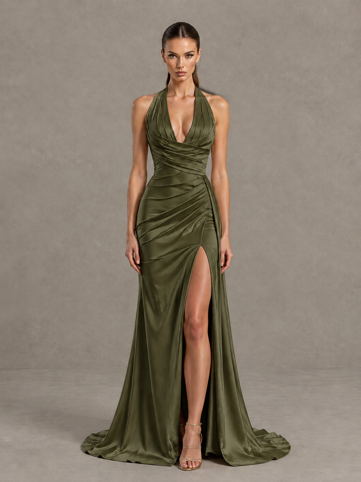 BOLODOO Olive Green Halter Satin Evening & Prom Dress with High Slit - Olive Green - Olive Green_3