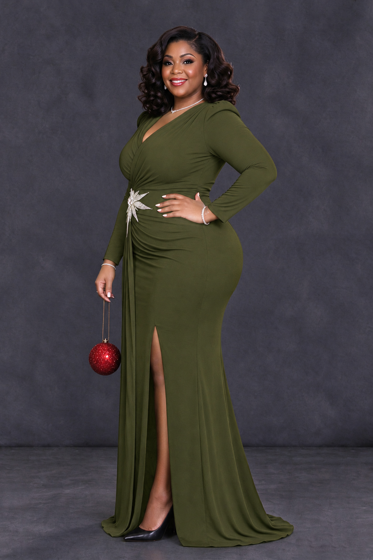 BOLODOO Olive Green Plus Size Long Sleeve V-Neck Mother of the Bride Dress with Slit - Olive Green - Olive Green_3